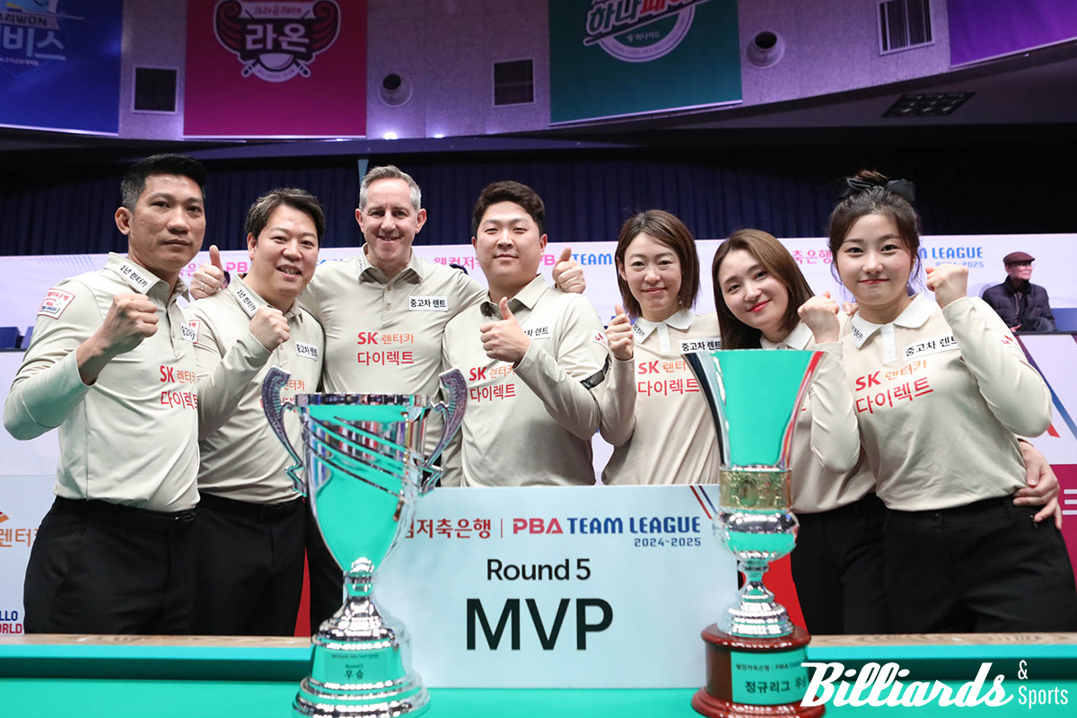 창단 5년 만에 정규리그 두 라운드 우승과 정규리그 1위에 오른 SK렌터카 다이렉트. 왼쪽부터 응오딘나이(베트남), 주장 강동궁, 에디 레펀스(벨기에), 조건휘, 히다 오리에(일본), 강지은, 조예은.  사진=고양/이용휘 기자