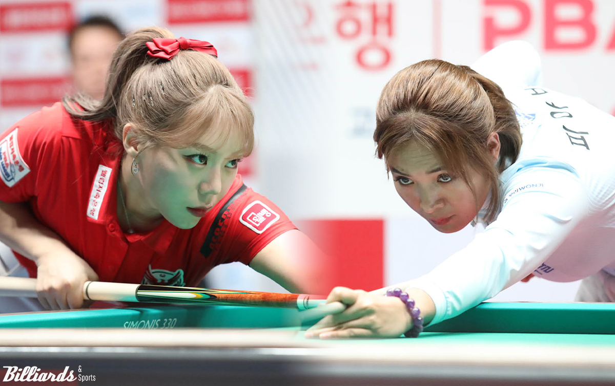 프로당구 PBA 팀리그 포스트시즌 준플레이오프에서 우리금융캐피탈과 웰컴저축은행이 대결한다. 사진은 20일 오후 9시 30분에 벌어지는 1차전에서 2세트와 6세트에 맞붙는 웰컴저축은행 김예은(왼쪽)과 우리금융캐피탈 스롱 피아비.  사진=이용휘 기자