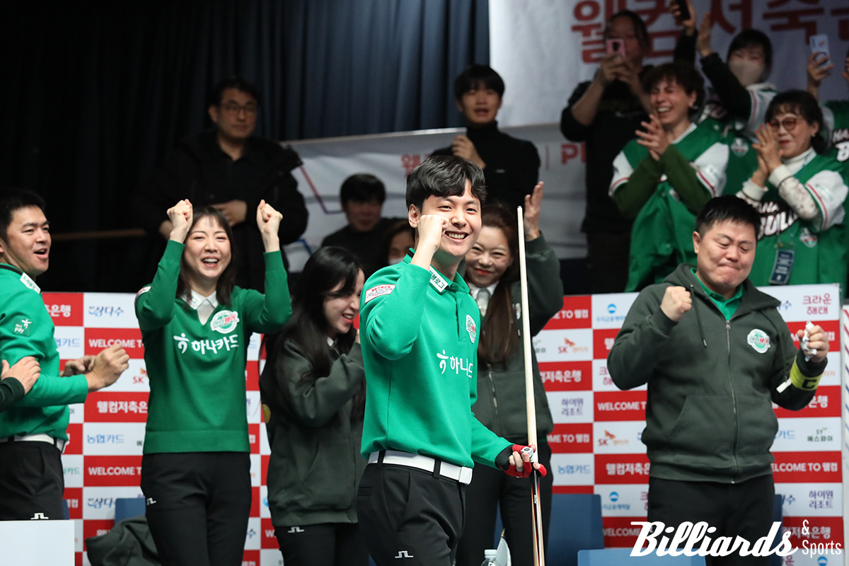 5세트에 3이닝 만에 11:2로 다비드 사파타(우리금융캐피탈)를 꺾고 세트스코어 4-1 승리를 이끈 신정주(하나카드). 사진=고양/이용휘 기자