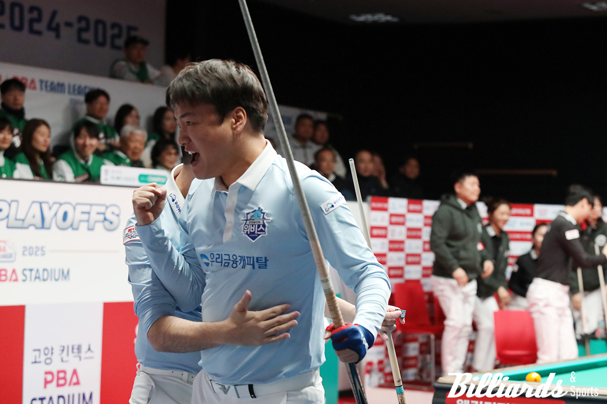 포스트시즌 1세트와 3세트에서 맹활약한 강민구가 플레이오프 5차전 1세트에서 퍼펙트큐를 기록한 후 포효하고 있다. 사진=고양/이용휘 기자