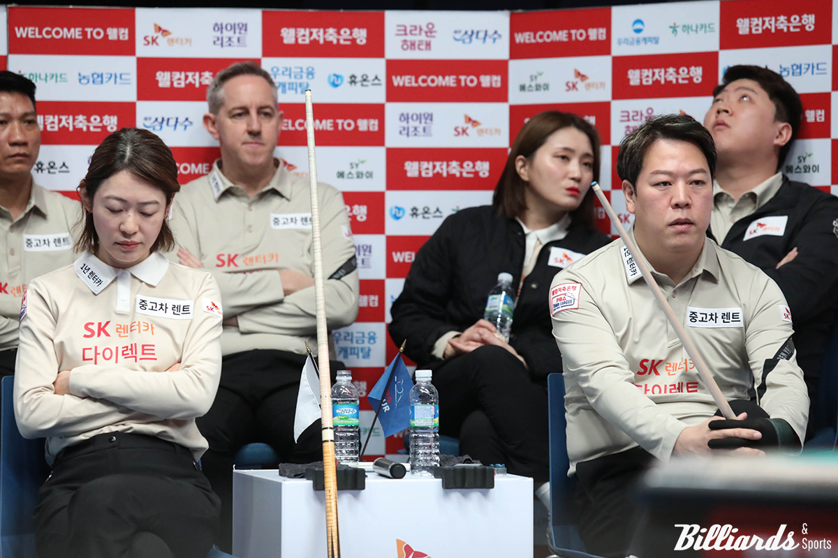 SK렌터카가 파이널 2차전 4세트 혼합복식에 강동궁-히다 오리에(일본)를 투입시키는 비장의 카드를 내밀었다. 사진은 지난 15일에 열린 5라운드 마지막 날 크라운해태전에서 4세트 혼합복식에 한 차례 출전한 강동궁-히다.  사진=고양/이용휘 기자