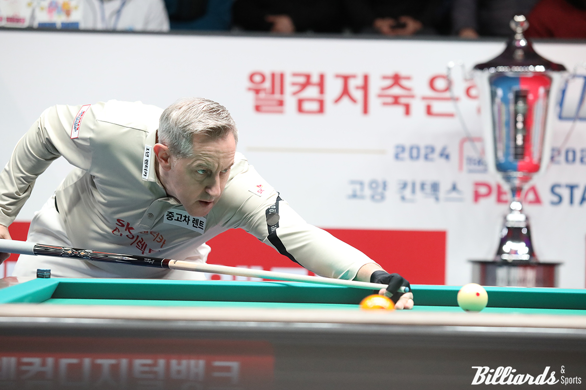 SK렌터카가 프로당구 PBA 팀리그 포스트시즌 파이널 2차전까지 승리하며 첫날 2승으로 앞서갔다. 사진은 1, 2차전 5세트를 모두 승리한 에디 레펀스(벨기에).  사진=고양/이용휘 기자