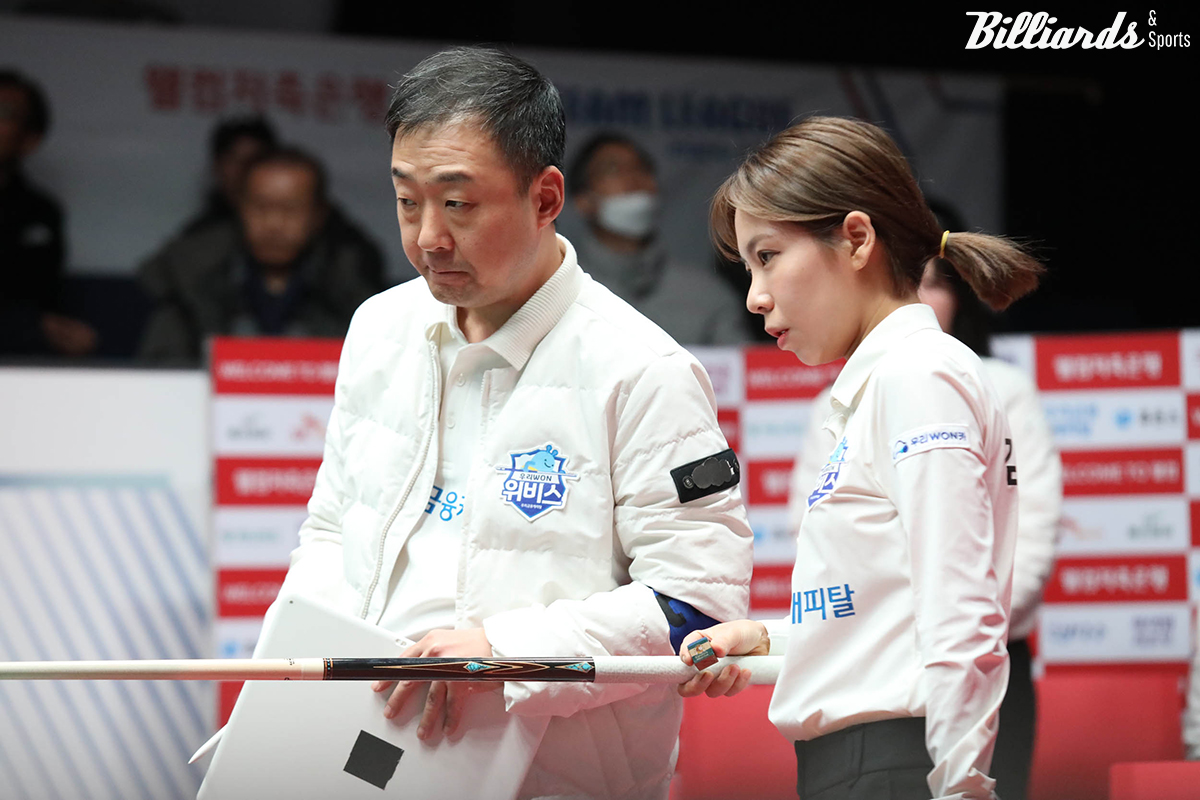 2패를 당한 우리금융캐피탈이 파이널 3차전을 승리하기 위해 4세트 혼합복식에 주장 엄상필(왼쪽)과 김민영을 처음 내보내 반전을 노린다.  사진=고양/이용휘 기자 