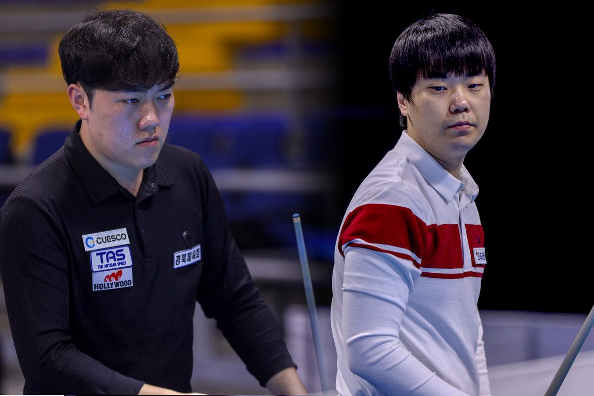 한국의 김준태(왼쪽)와 김행직(오른쪽)이 '보고타 3쿠션 당구월드컵' 16강전에서 튀르키예 선수들에게 막판에 밀리며 아쉽게 탈락했다.  사진=SOOP 제공