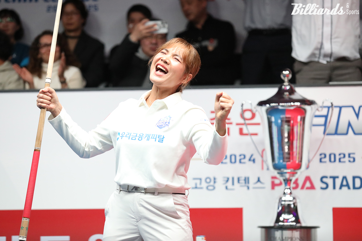 파이널 4차전서 천신만고 끝에 1승을 거두며 5차전으로 승부를 연장한 스롱은 5차전에서도 6세트에 1점 차 승리를 거두며 세트스코어 3-3 동점을 만들고 역전의 기회를 마련했다. 6세트 여자 단식에서 승리 후 환호하는 스롱. 사진=고양/이용휘 기자 