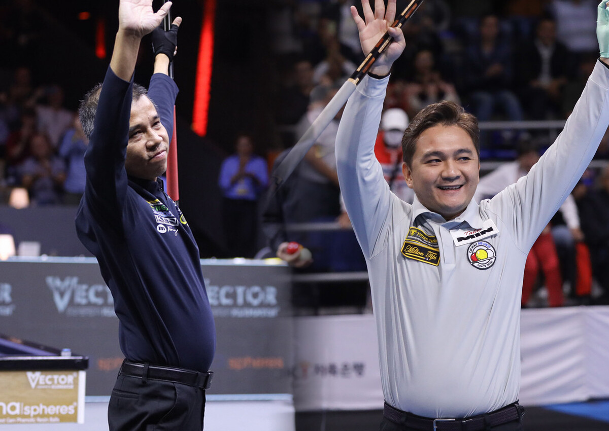 베트남의 3쿠션 선수들이 세계 무대에서 3쿠션 사대천왕의 오랜 아성을 위협하고 있다. 지난해 베겔 당구월드컵에서 쿠드롱을 꺾고 우승한 쩐뀌엣찌엔(왼쪽)과 보고타 당구월드컵 준결승에서 야스퍼스를 제압한 쩐타인룩(오른쪽).  사진=SOOP 제공