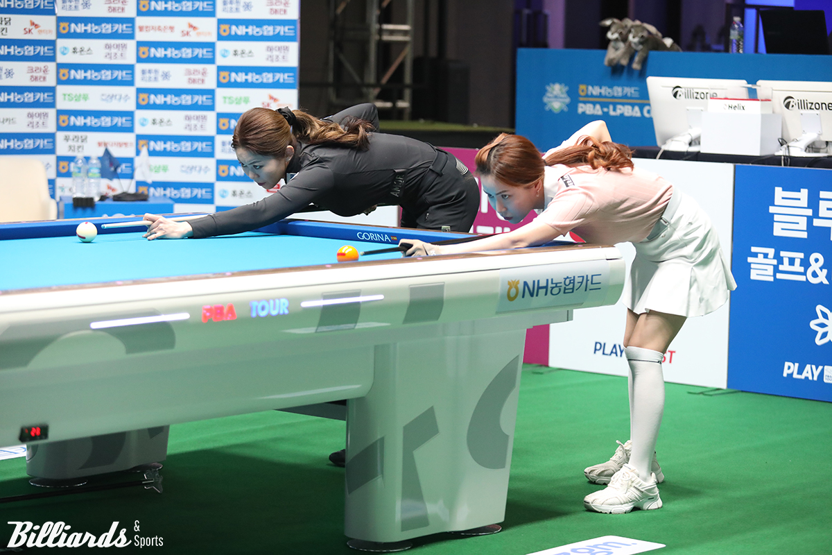 김가영은 지난 22-23시즌 6차 투어 'NH농협카드 LPBA 챔피언십' 준결승에서 김진아와 대결해 3-1로 승리를 거뒀다. 사진은 당시 준결승전 뱅킹 장면.