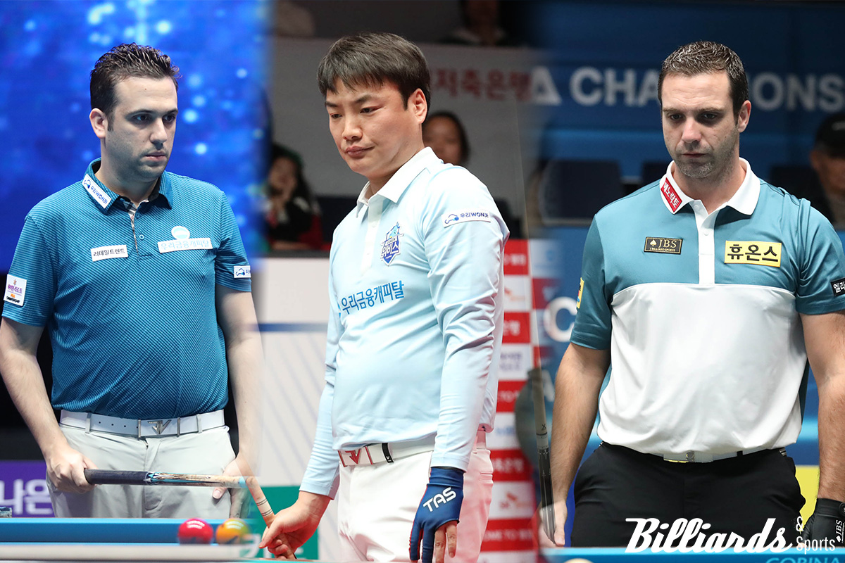 '죽음의 조' F조에서 PBA 월드 챔피언십 첫 대결을 벌이는 다비드 사파타, 강민구, 하비에르 팔라손. 사진=빌리어즈앤스포츠 DB