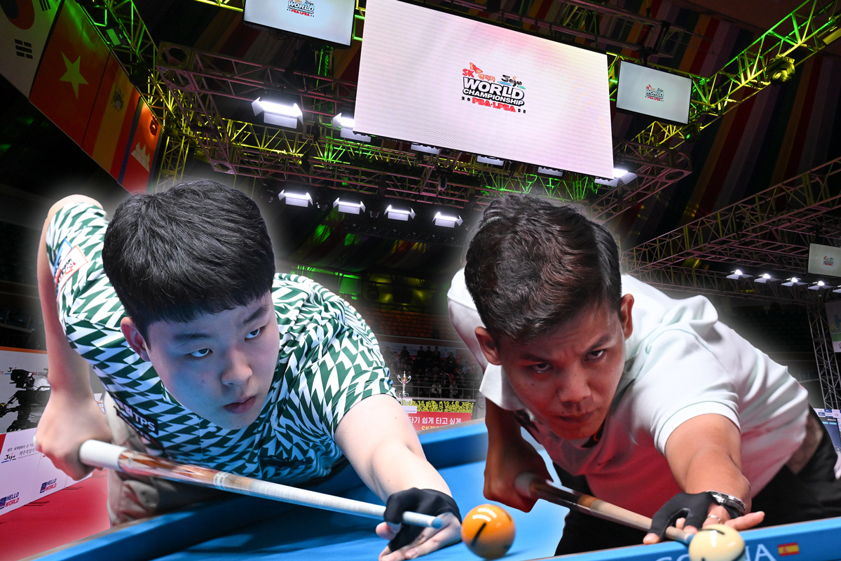 한국의 최연소 프로당구 챔피언 김영원(왼쪽)이 처음 출전한 PBA 월드챔피언십에서 조별리그 두 경기 만에 16강 진출을 확정했다. 베트남 강호 응우옌프엉린(오른쪽)도 2승을 거두며 김영원과 함께 16강에 올라갔다.  사진=PBA 제공, 빌리어즈앤스포츠 그래픽