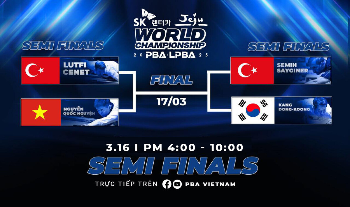 PBA 월드챔피언십 준결승전이 16일 륏피 체네트 vs 응우옌꾸옥응우옌(오후 4시), 강동궁 vs 사이그너(밤 10시) 대결로 벌어진다.  사진=PBA Vietnam 제공