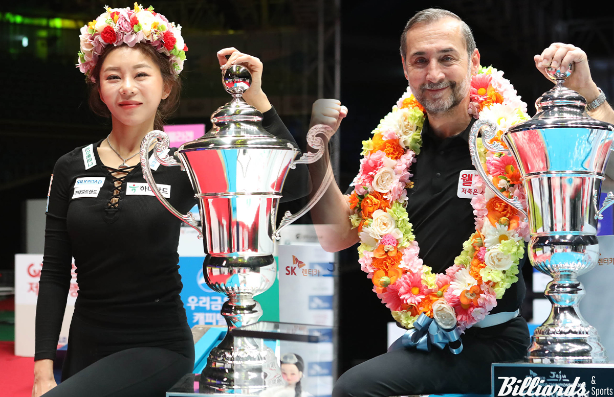 24-25시즌 PBA-LPBA 월드챔피언십에서 여자부 김가영(왼쪽)과 남자부 세미 사이그너(오른쪽)가 우승을 차지하며 시즌 피날레를 화려하게 장식했다.  사진=제주/이용휘 기자