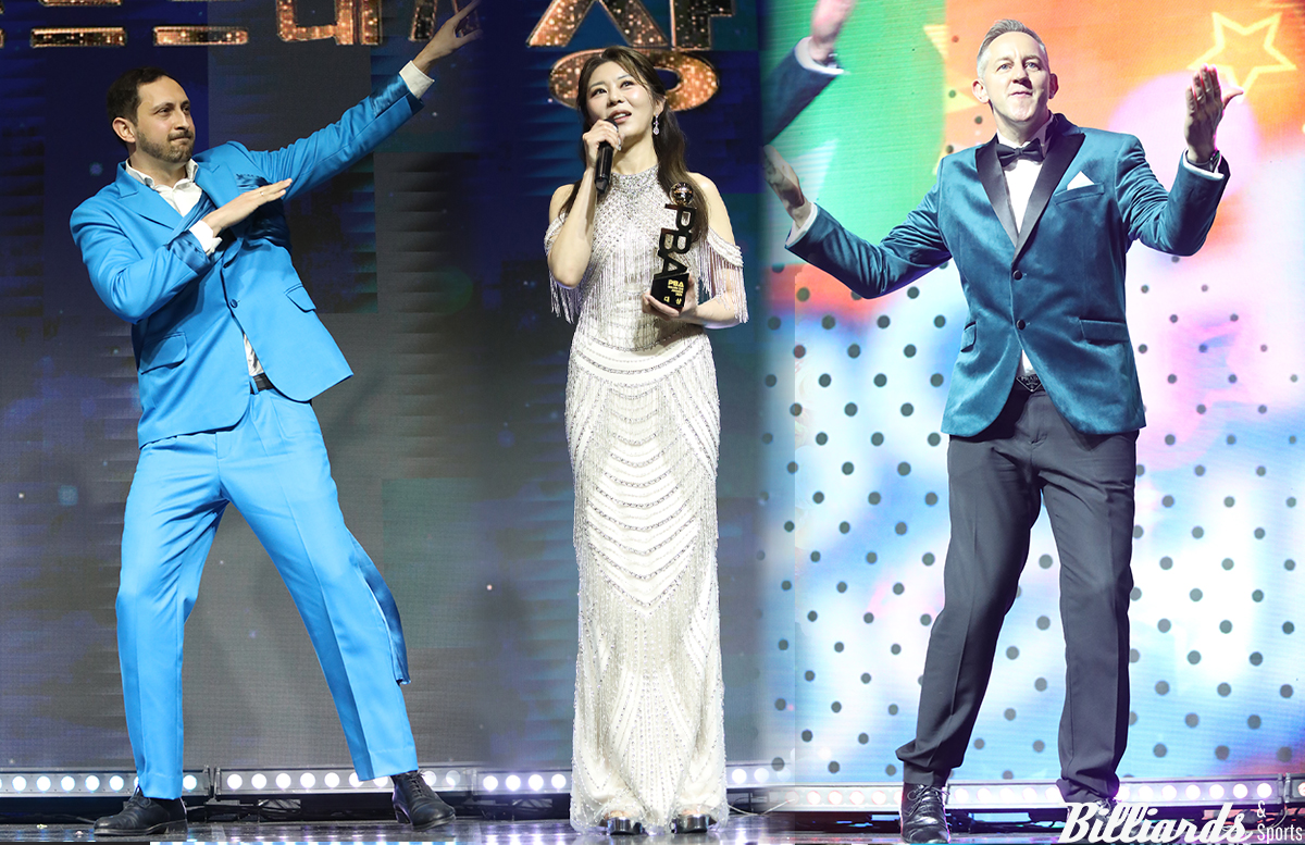 프로당구 별들의 축제 'PBA 골든큐 어워즈 2025'가 19일 오후 4시 30분에 서울 그랜드워커힐 비스타홀에서 개최된다. 지난해 3월 19일 열렸던 'PBA 골든큐 시상식 2024'에 참석한 다비드 마르티네스, 김가영, 에디 레펀스(왼쪽부터).  빌리어즈앤스포츠 DB