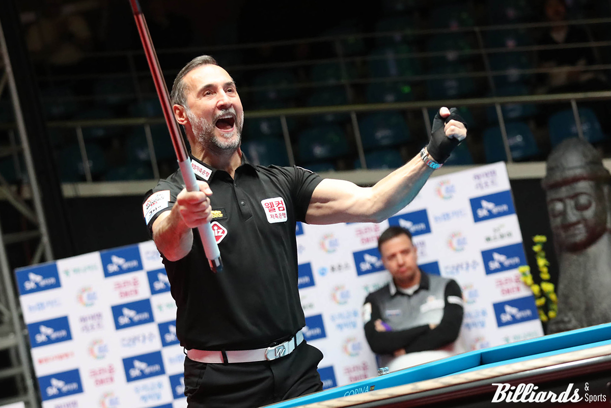 '환갑의 챔피언' 세미 사이그너(웰컴저축은행)가 우승 후 인터뷰에서 뜬금 없이 자신이 받은 '모발 이식'을 언급했다. 이는 그가 당구에서 가장 중요한 체력과 멘탈을 설명하기 위해 꺼낸 재치 있는 답변이었다.  사진=제주/이용휘 기자 