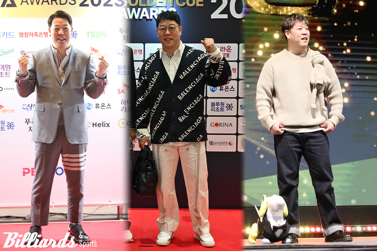 강동궁이 3년 연속 베스트드레서 상을 노렸으나 끝내 불발됐다. 왼쪽부터 2023년, 2024년, 2025년 PBA 시상식에 참석한 강동궁. 사진=빌리어즈앤스포츠 DB