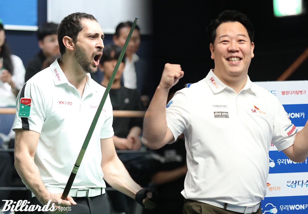 프로당구(PBA) 투어 24-25시즌이 275일 동안 벌어진 대장정을 마감했다. 이번 시즌에는 다비드 마르티네스(크라운해태·왼쪽)와 강동궁(SK렌터카·오른쪽)이 나란히 3승, 2승씩을 거두며 9개의 우승트로피 중 5개를 차지했다.  사진=이용휘 기자