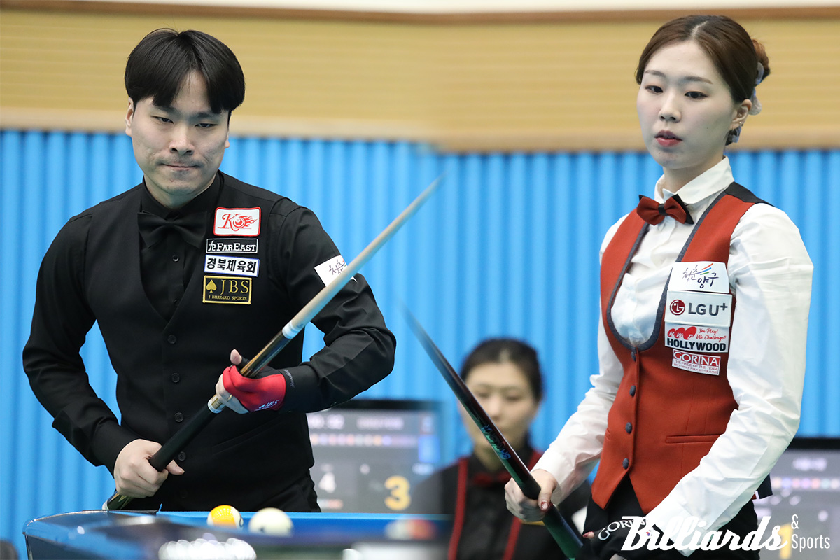 포켓10볼 남자부 우승자 고태영과 여자부 우승자 서서아. 사진=양구/이용휘 기자