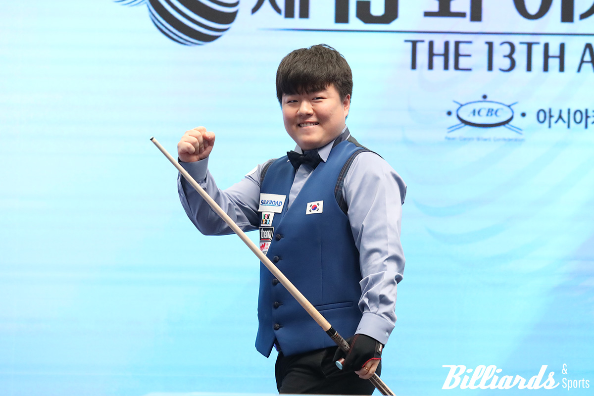 베트남의 바오프엉빈을 상대로 대역전 드라마를 쓴 조명우가 역전승을 확신한 후 주먹을 불끈 쥐며 기뻐하고 있다. 사진=양구/이용휘 기자