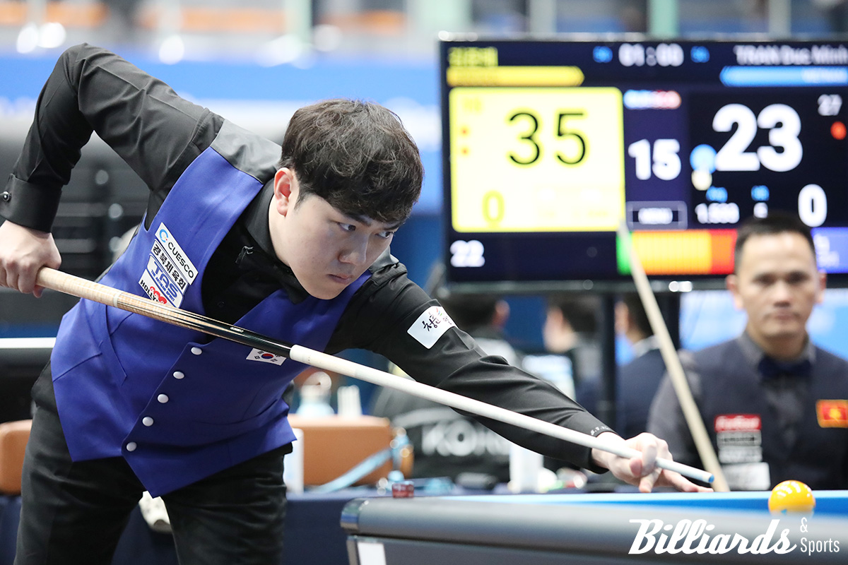 김준태가 '보고타 월드컵' 우승자 쩐득민을 꺾고 2년 연속 '아시아캐롬선수권' 준결승에 올랐다. 사진=양구/이용휘 기자