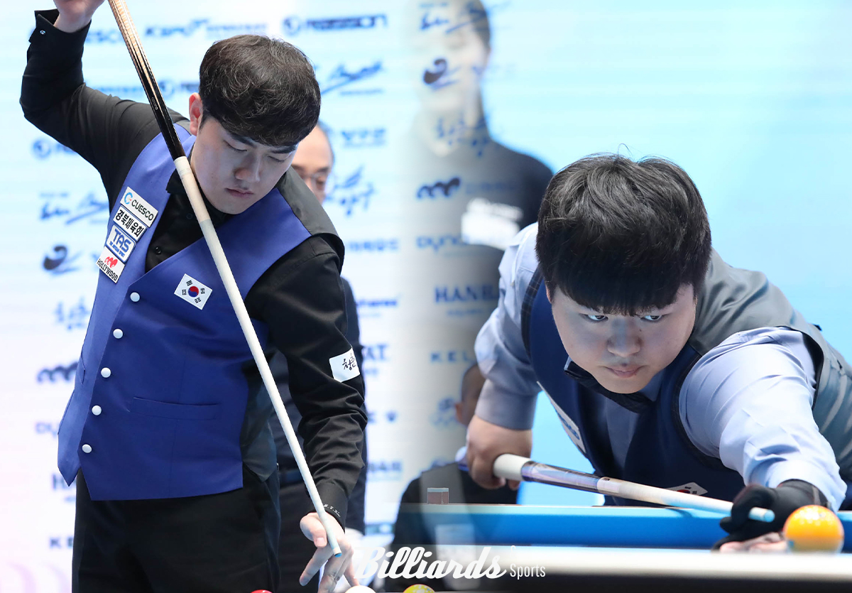 한국의 '아시아챔피언' 김준태(경북체육회·왼쪽)와 '세계챔피언' 조명우(실크로드시앤티-서울시청·오른쪽)가 '제13회 아시아캐롬선수권대회' 남자 3쿠션 결승전에서 만났다.  사진=양구/이용휘 기자