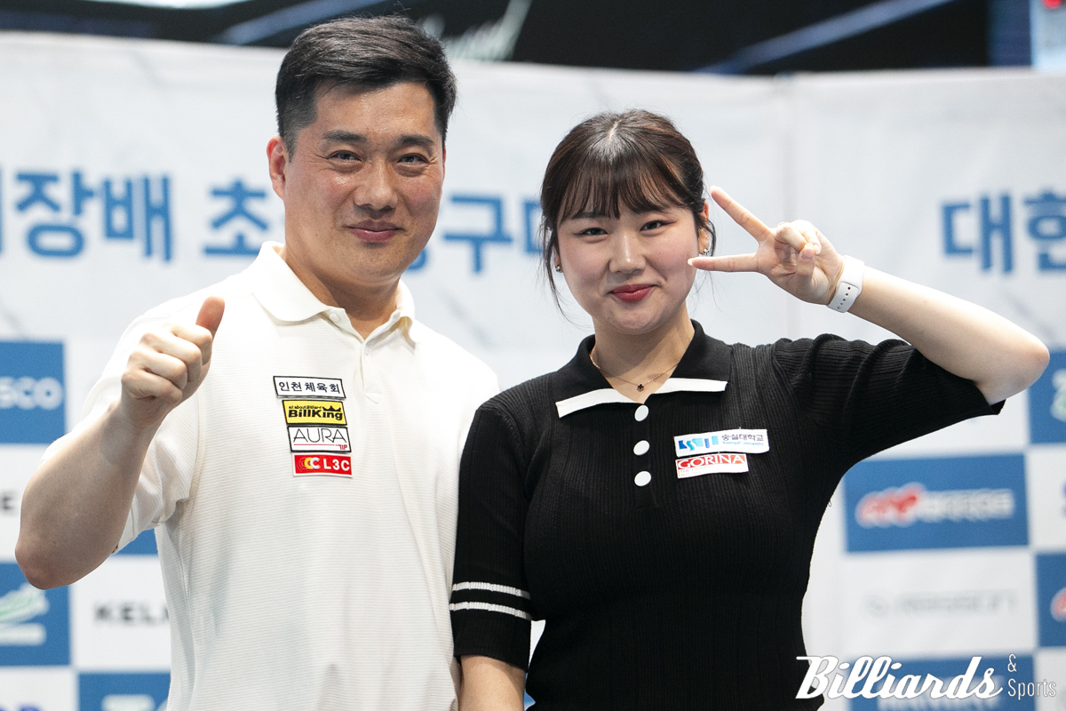 대한당구연맹회장배 초청당구대회에서 캐롬 3쿠션 혼합복식 우승을 차지한 차명종과 박세정. 사진=잠실/이용휘 기자