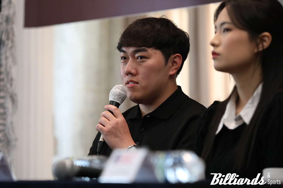 앞서 지난 5월 14일 '2025-26시즌 PBA 팀리그 드래프트' 기자회견에서 질문에 답하고 있는 김준태