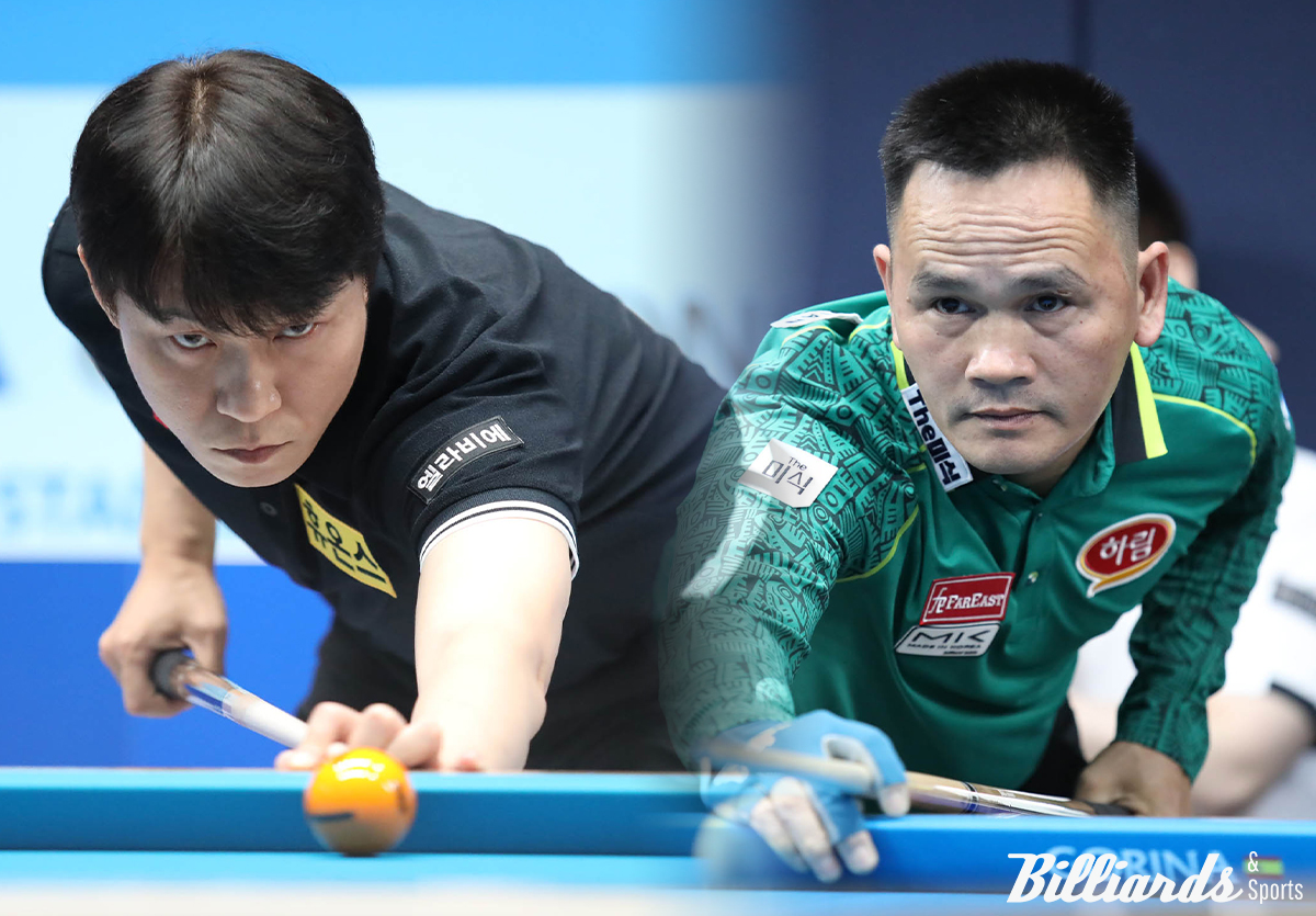 한국의 최성원(왼쪽)과 베트남의 쩐득민(오른쪽)이 프로당구 개막전 64강에서 진검승부를 벌인다.  사진=고양/이용휘 