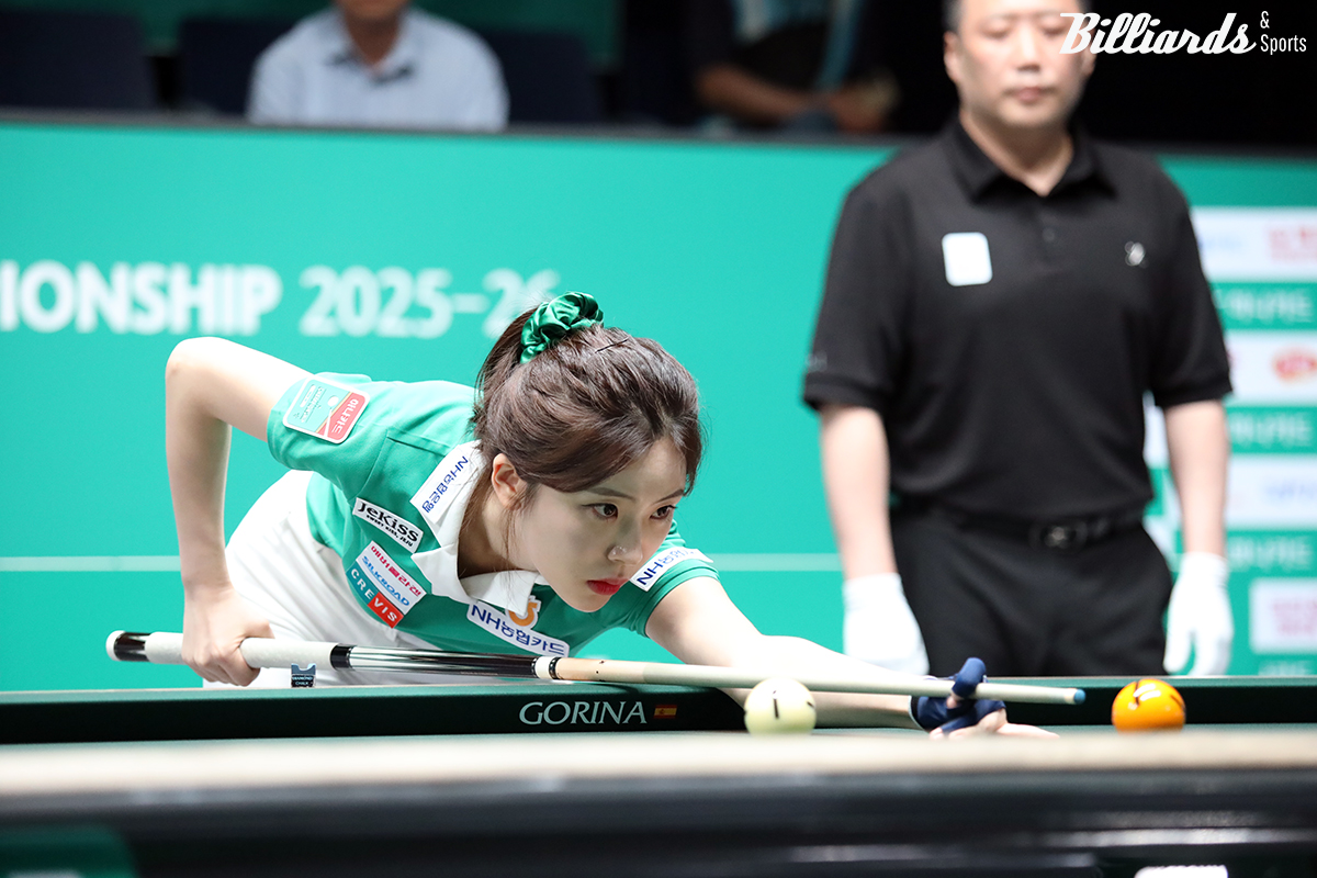 정수빈(NH농협카드)이 2일 열린 하나카드 LPBA 챔피언십 32강전에서 애버리지 1.179를 기록하며 승리를 거두고 16강에 진출했다.  사진=고양/이용휘 기자