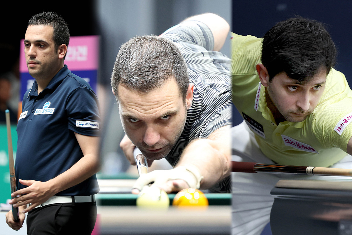 왼쪽부터 하나카드 PBA 챔피언십 초대 우승자 다비드 사파타, 2회 우승자 하비에르 팔라손, 3회 우승자 다비드 마르티네스. 사진=PBA 제공