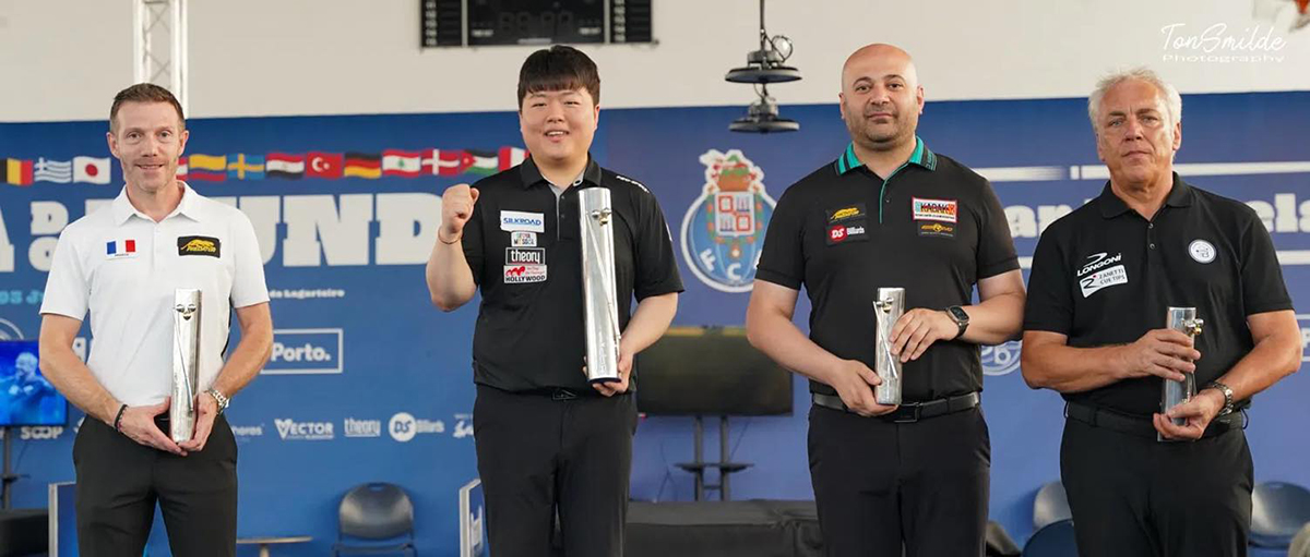 시상식 사진. 왼쪽부터 준우승자 제러미 뷰리, 우승자 조명우, 공동3위 톨가한 키라즈와 마르코 자네티. 