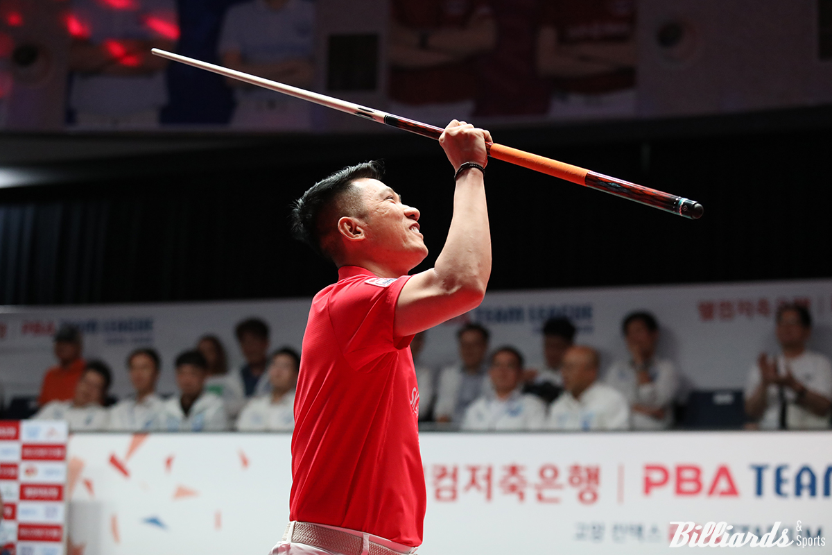 SK렌터카가 프로당구 PBA 팀리그 1라운드 1일 차 경기에서 우리금융캐피탈을 세트스코어 4-3으로 꺾고 1승(승점2)을 거뒀다. 사진은 7세트에서 승부에 쐐기를 박은 SK렌터카의 응오딘나이(베트남).  사진=고양/이용휘 기자