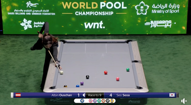 6세트에서 2볼과 9볼의 캐롬 샷 컴비네이션 포팅을 성공하는 서서아.