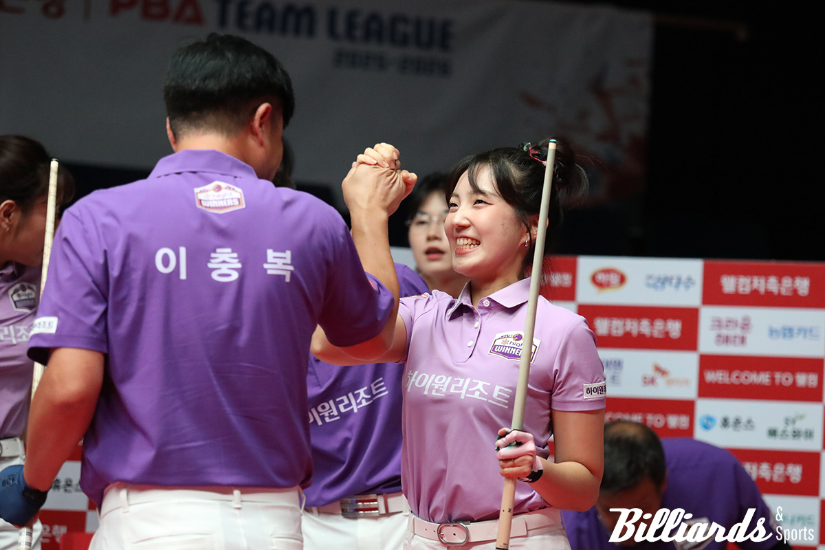 1, 2, 4세트 복식전에서 모두 승리한 하이원리조트가 우리금융캐피탈을 꺾고 1승을 올렸다. 사진은 4세트 복식에서 승리를 거둔 전지우와 이충복. 사진=고양/이용휘 기자