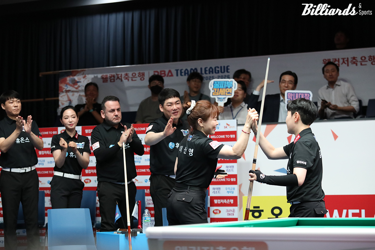 2세트 여자복식에서 승리한 휴온스 이신영-김세연.  사진=고양/이용휘 기자