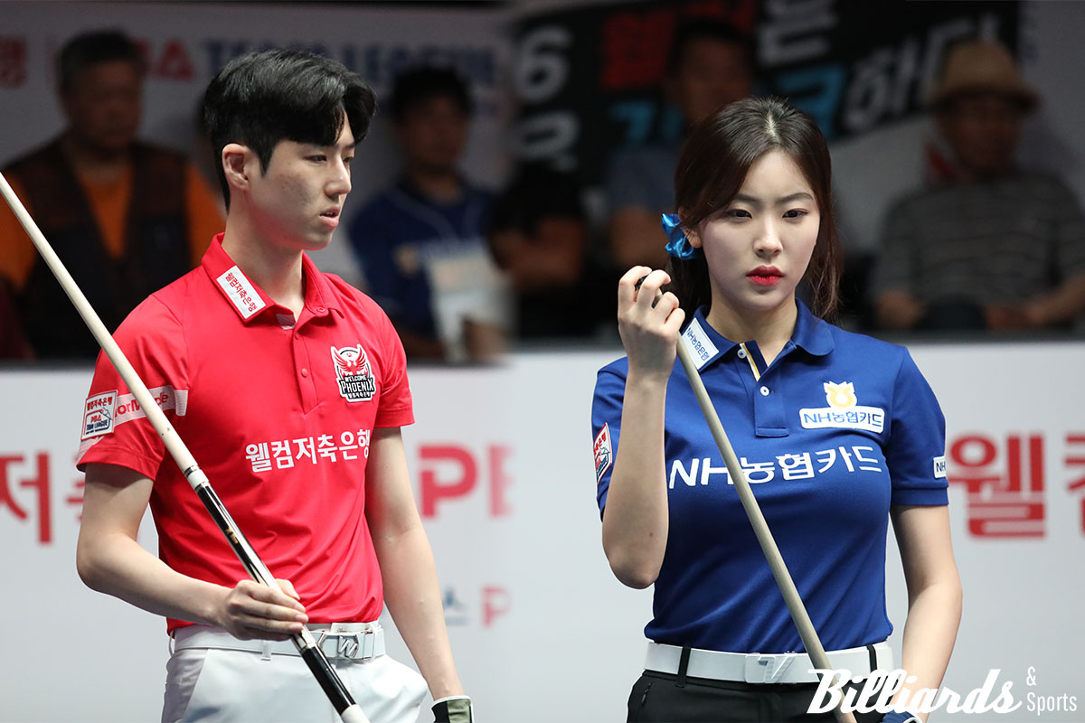 프로당구 대표 커플 한지승(웰컴저축은행)과 정수빈(NH농협카드)이 라이벌로 만났다. 사진=고양/이용휘 기자