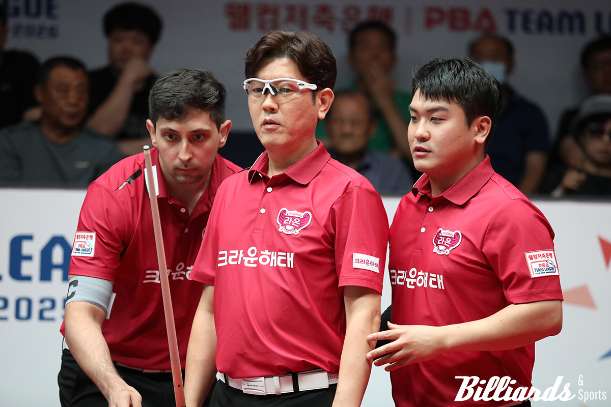 벤치타임아웃에 머리를 맞댄 크라운해태의 다비드 마르티네스, 김재근, 오태준.