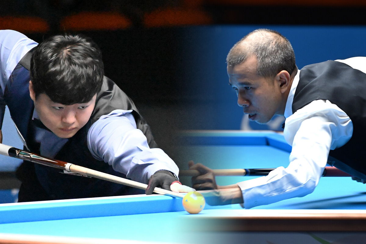 한국의 조명우(실크로드시앤티-서울시청·왼쪽)가 2025 청두 월드게임 준결승전에서 라이벌 쩐뀌엣찌엔(베트남)과 정면승부를 벌인다.  사진=WCBS 제공