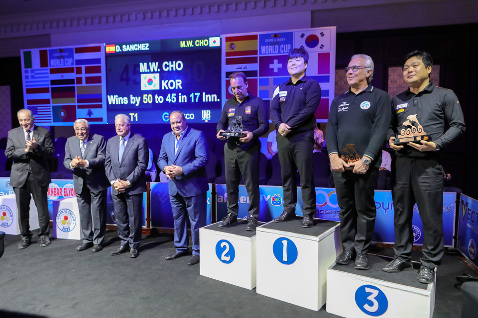 2022년 12월에 이집트에서 열린 '샤름 엘 셰이크 3쿠션 당구월드컵'에서 첫 우승을 차지한 조명우. 사진=UMB 제공