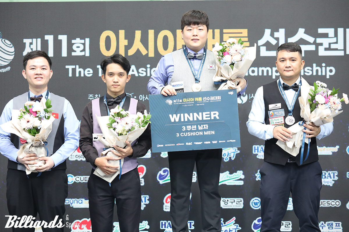 지난 2023년 열린 제11회 아시아캐롬선수권대회에서 베트남 선수들의 거센 도전을 뿌리치고 금메달을 차지한 조명우.  사진=이용휘 기자