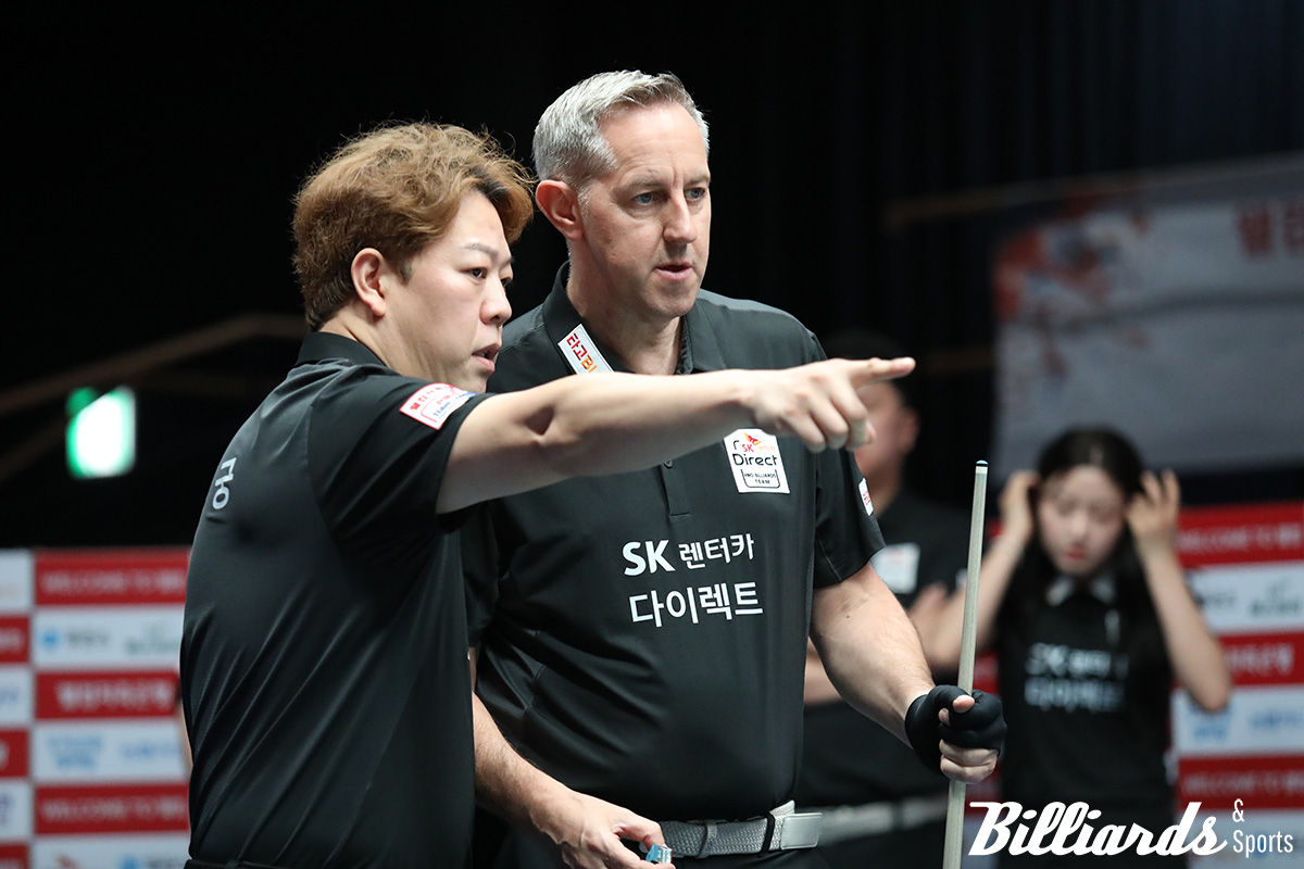 SK렌터카는 3, 5, 6세트의 단식 세트를 모두 승리했으나 마지막 7세트를 놓치고 말았다. 3세트에 출전한 에디 레펀스와 주장 강동궁.