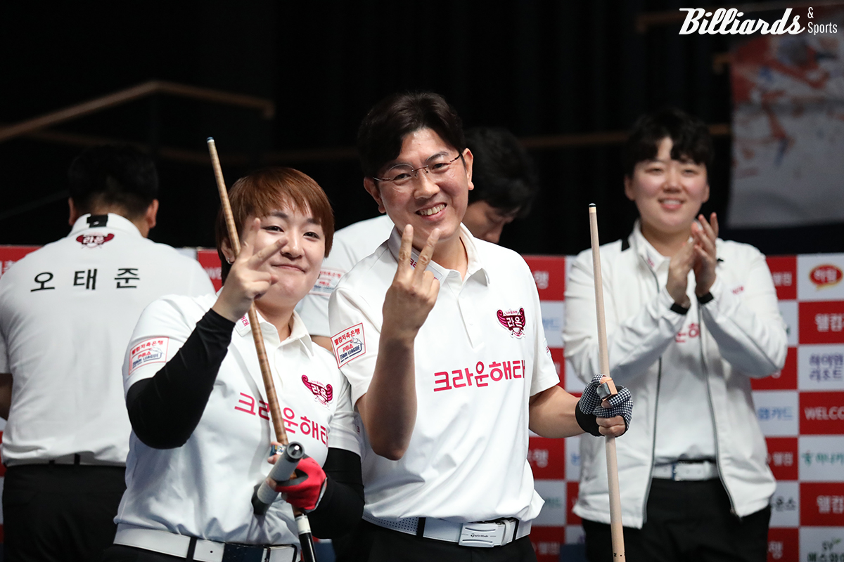 크라운해태는 김재근과 히가시우치 나쓰미가 4세트 혼합복식에서 승리하며 2-2 동점을 만들었다.