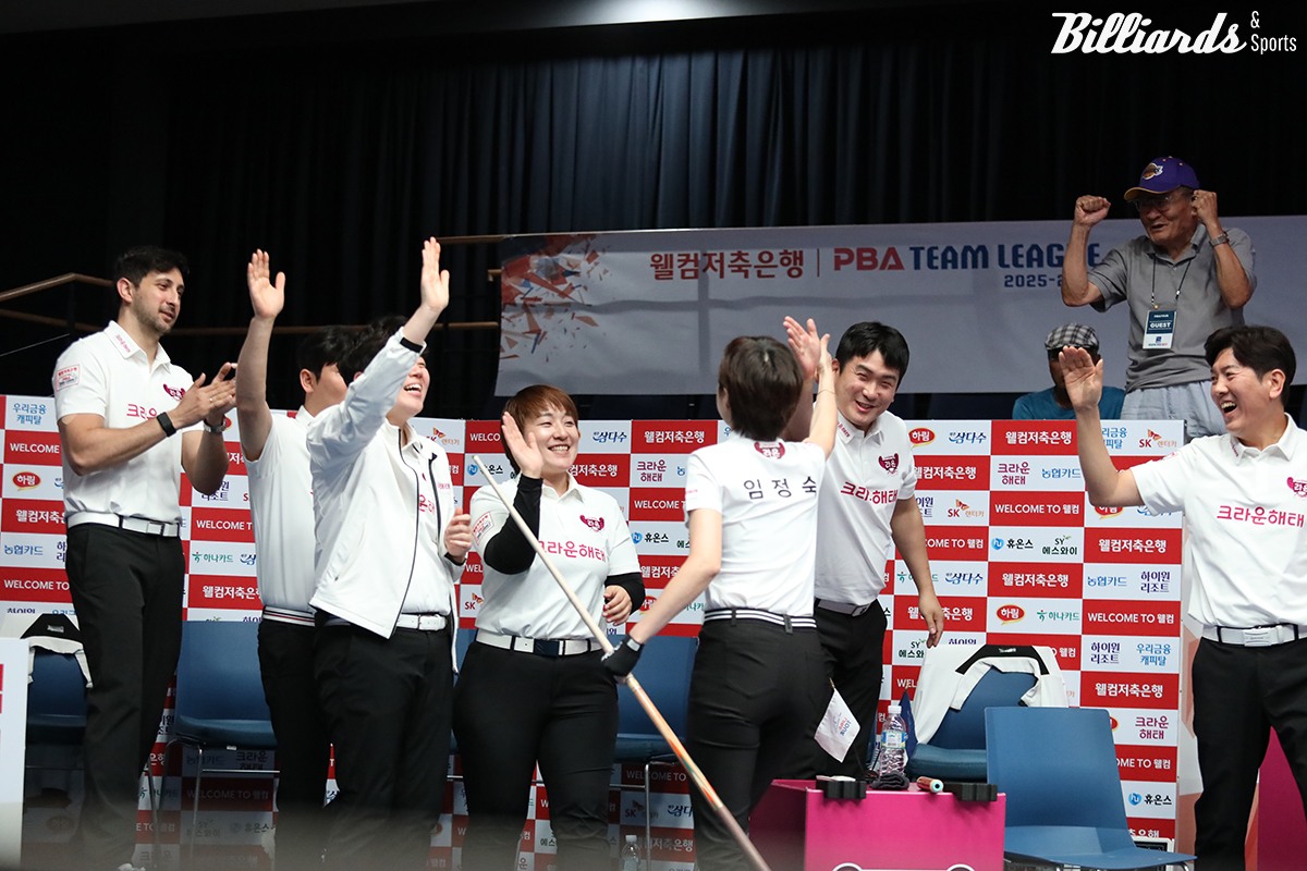 6세트에서 임정숙이 승리를 확정하자 기뻐하는 크라운해태 선수들.  사진=고양/이용휘 기자