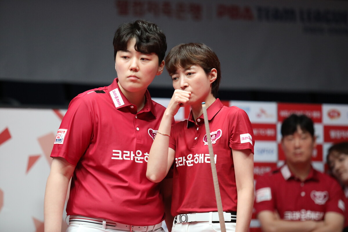 2세트에 연속으로 세트를 챙긴 크라운해태의 백민주-임정숙.