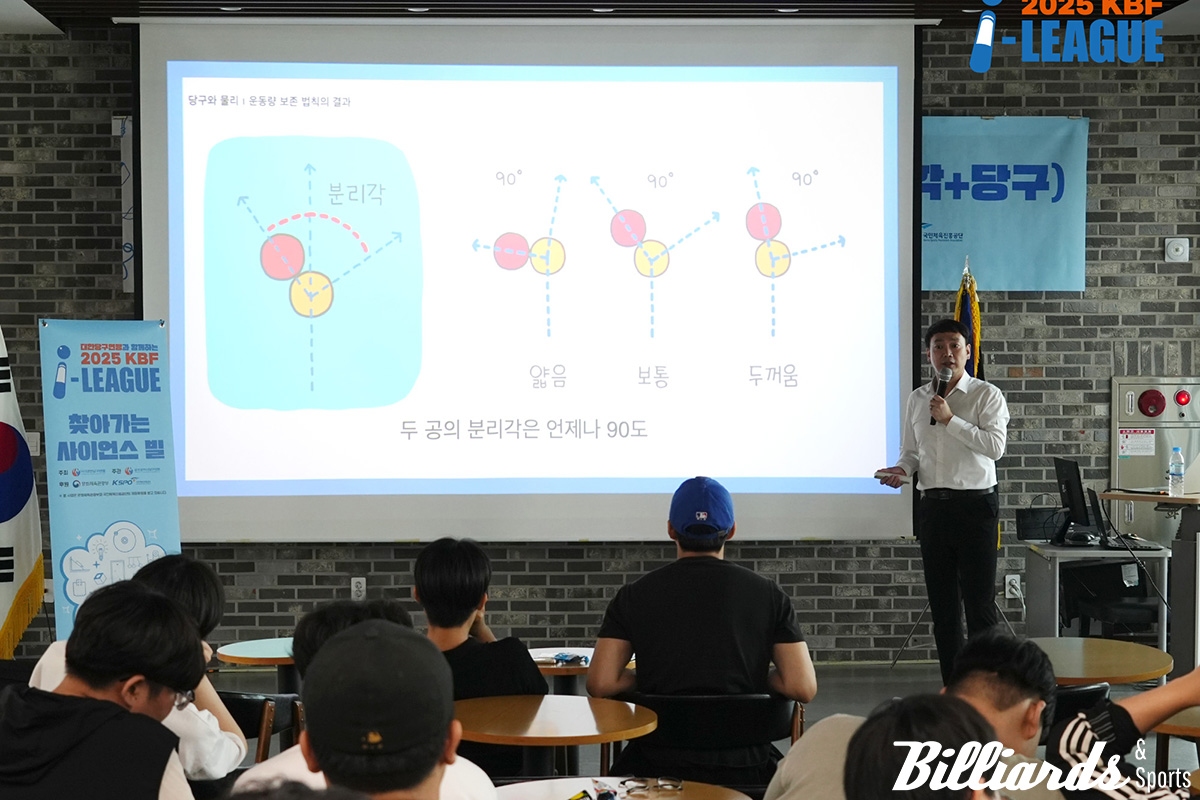 핵물리학자 박우진 박사가 당구와 과학, 스포츠 속의 과학에 대한 특강을 하고 있다. 사진=KBF 제공