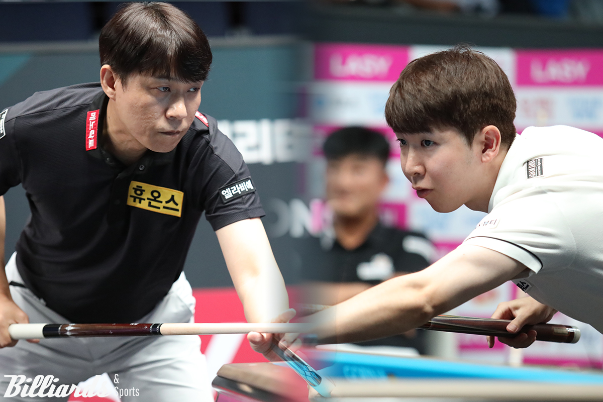 7일 오후 7시 30분에 4차 투어 8강전에서 6개월 만에 재대결을 벌이는 최성원(휴온스·왼쪽)과 모리 유스케(에스와이·오른쪽).  사진=고양/이용휘 기자