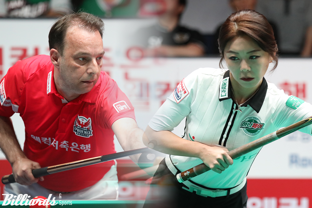 프로당구(PBA) 팀리그가 14일부터 22일까지 9일간 경기도 고양시의 고양 킨텍스 PBA 스타디움에서 열린다. 사진은 앞서 1라운드 MVP에 오른 하나카드 김가영(오른쪽)과 2라운드 MVP 다니엘 산체스(웰컴저축은행).  빌리어즈앤스포츠 DB