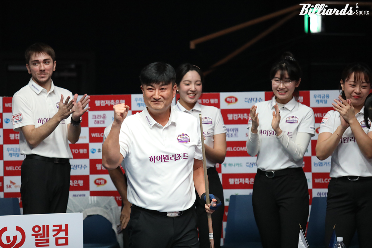 하이원리조트가 3라운드 3일 차 경기에서 크라운해태를 4-3으로 꺾고 첫 승리를 거뒀다. 사진은 7세트를 승리한 이충복(하이원리조트).  사진=고양/이용휘 기자