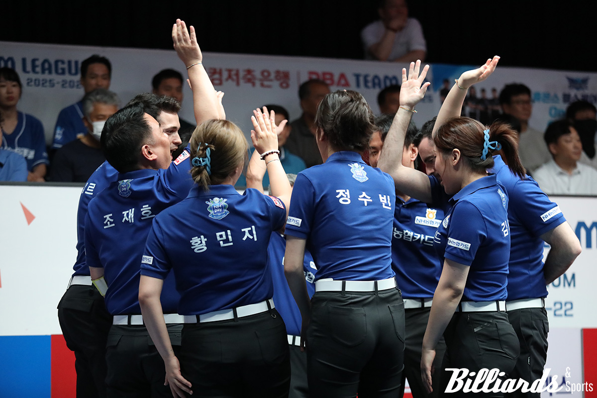 NH농협카드가 PBA 팀리그 3라운드 5일차에 휴온스를 4-1로 꺾고 선두 하나카드를 승점1 차이로 바짝 뒤쫓았다. 사진=고양/이용휘 기자