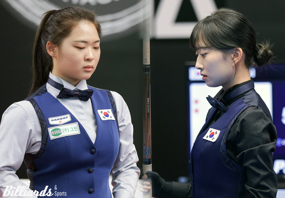 한국의 김하은(남양주·왼쪽)과 최봄이(김포체육회·오른쪽)가 여자 3쿠션 세계선수권 준결승에 진출해 결승행 맞대결을 벌인다.  사진=SOOP 제공