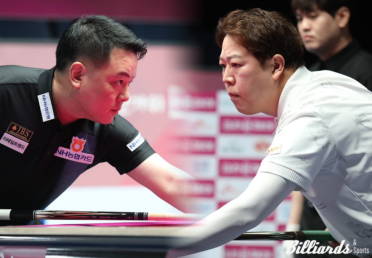 조재호(왼쪽)와 강동궁(오른쪽)이 5차 투어 128강전을 승리하고 부진 탈출의 신호탄을 쏘았다.  사진=고양/이용휘 기자