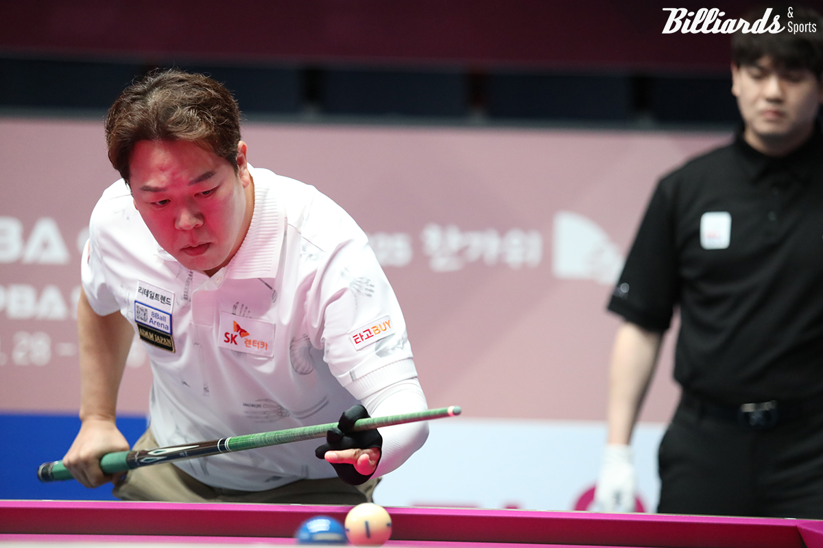 강동궁(SK렌터카)은 어려운 승부 끝에 4세트에서 하이런 12점타로 살아나 결국 승부치기 신승을 거두며 64강에 진출했다.